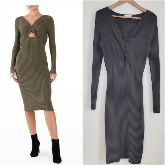 RAMY BROOK Pilar Cut Out Stretch Knit Ribbed Sweater Midi Dress Large In Olive - Picture 2 of 14